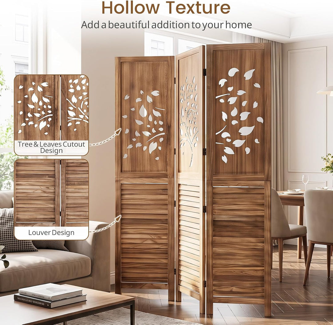 GIANTEX 3 Panel Folding Room Divider with Tree Leaf Cutout &amp; Louvered Slats | 67" Freestanding Wood Privacy Screen