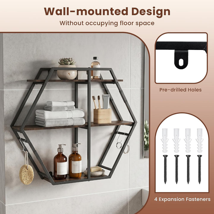 GIANTEX Industrial Hexagon Wall Shelf with 3-Tier Storage Shelves &amp; 4 Hooks | Decorative Wall Display Rack Unit with Metal Frame