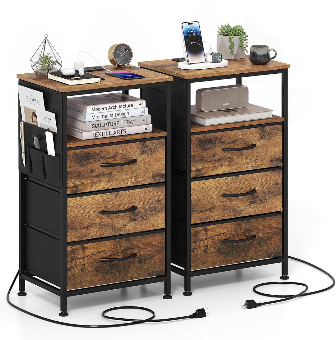 GIANTEX 27.5" Nightstand with Charging Station &amp; 3 Fabric Drawer (1/2)