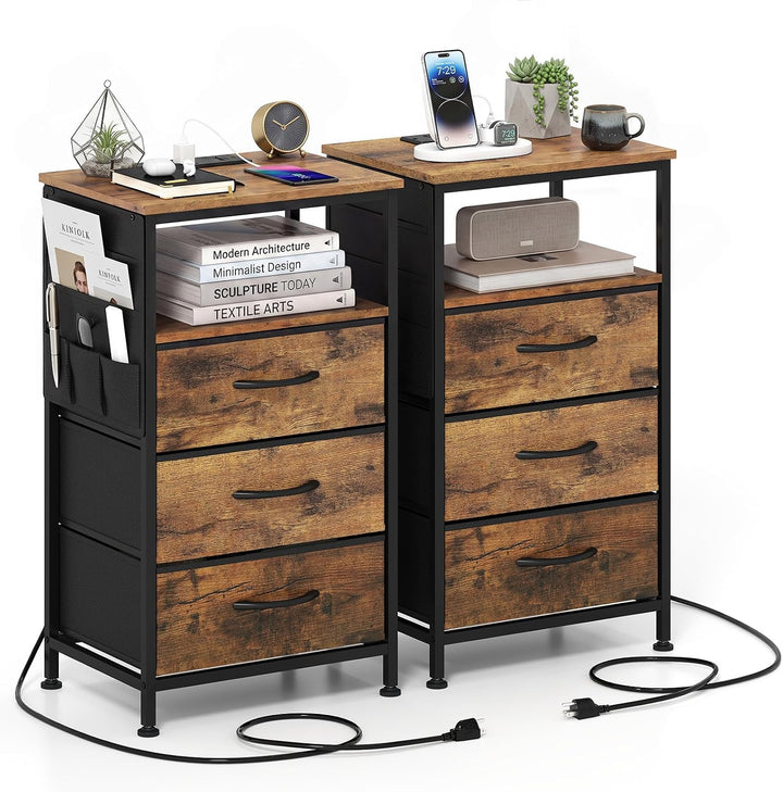 GIANTEX 27.5" Nightstand with Charging Station &amp; 3 Fabric Drawer (1/2)