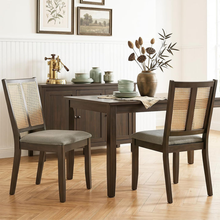 GIANTEX Rattan Dining Chairs Farmhouse Upholstered Kitchen Chairs | Boho Dining Room Chair w/Curved Backrest &amp; Padded Seat