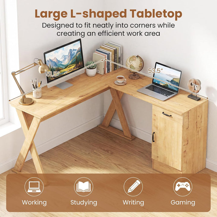 GIANTEX L-Shaped Computer Desk with Reversible Drawer &amp; Cabinet | Home Office Desk with X-shaped Structure