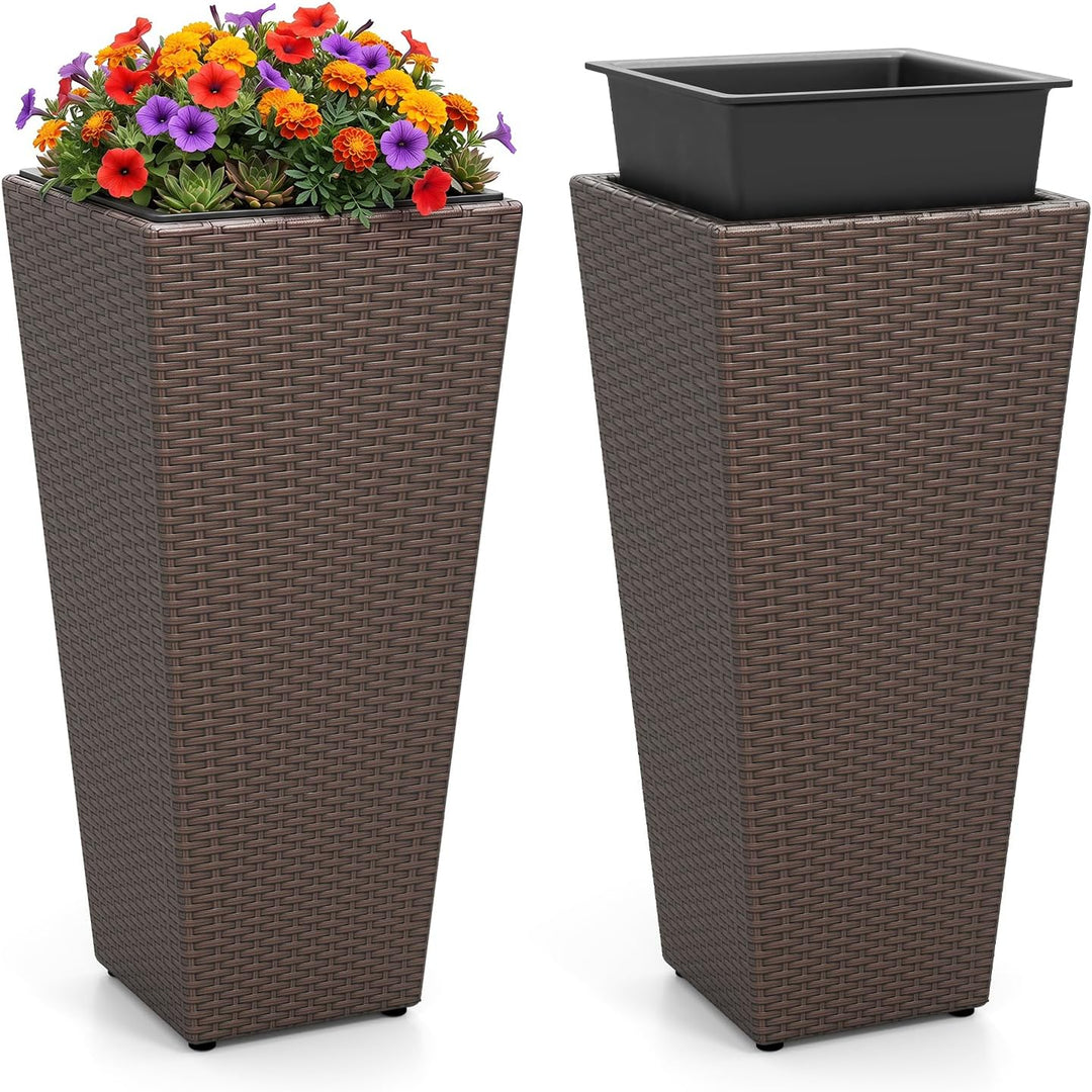 Giantex Set of 2 Rattan Tall Plant Pots with Detachable Plastic Liners