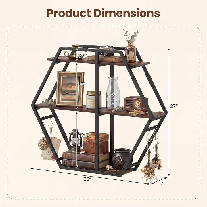 GIANTEX Industrial Hexagon Wall Shelf with 3-Tier Storage Shelves &amp; 4 Hooks | Decorative Wall Display Rack Unit with Metal Frame