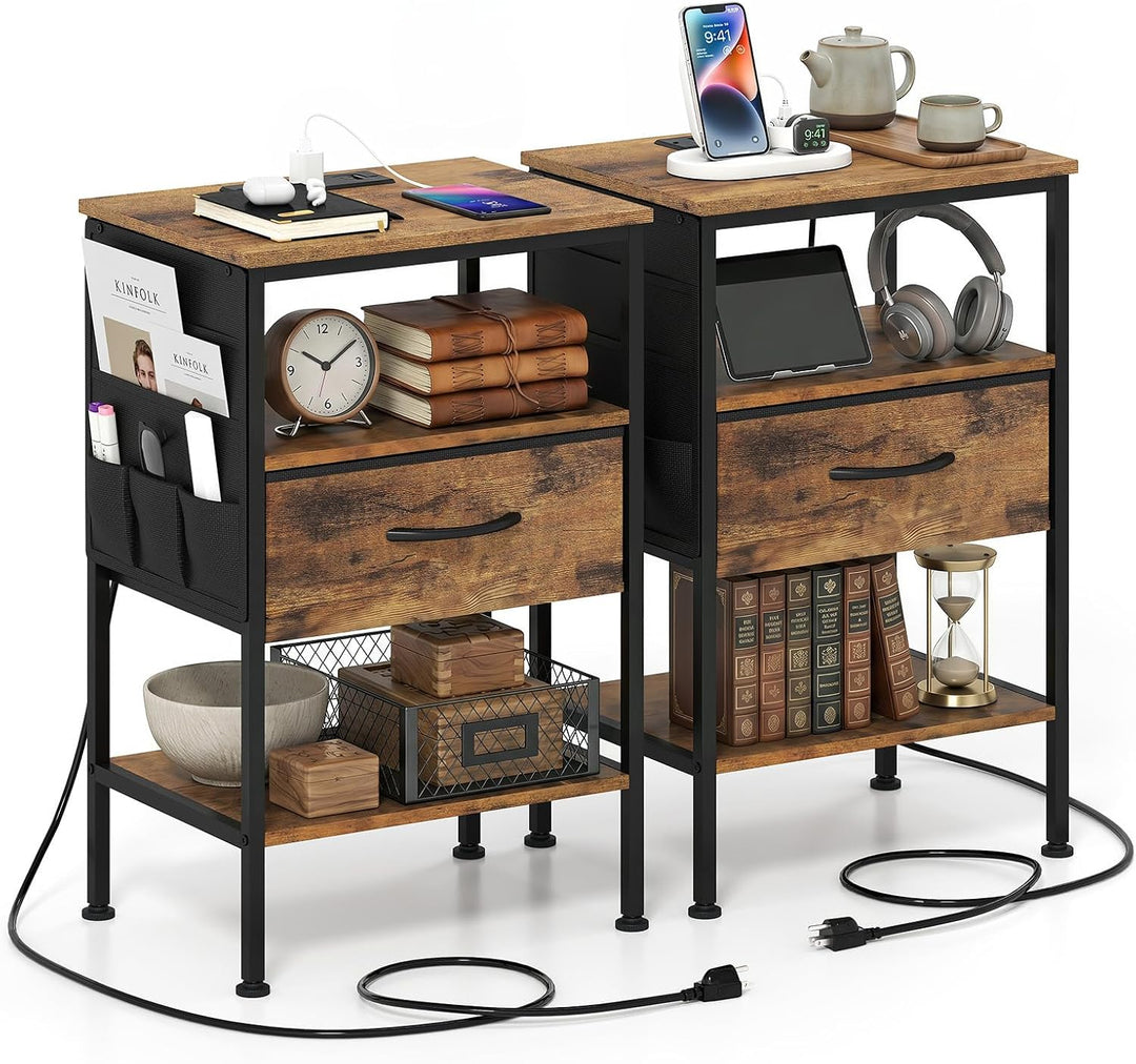 GIANTEX 24.5" Nightstand with Charging Station &amp; 1 Fabric Drawer (1/2)