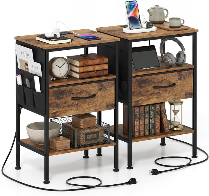 GIANTEX 24.5" Nightstand with Charging Station &amp; 1 Fabric Drawer (1/2)