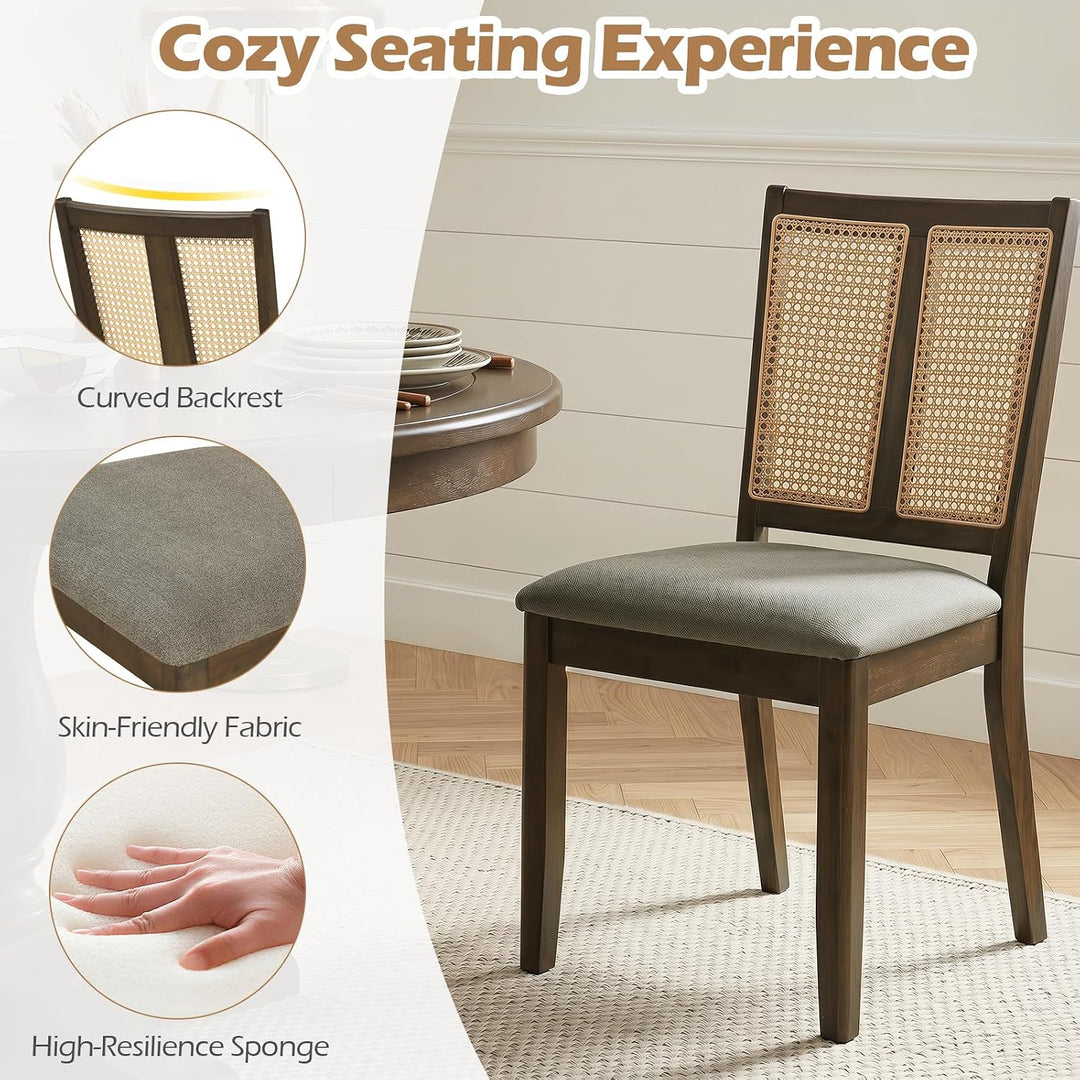 GIANTEX Rattan Dining Chairs Farmhouse Upholstered Kitchen Chairs | Boho Dining Room Chair w/Curved Backrest &amp; Padded Seat