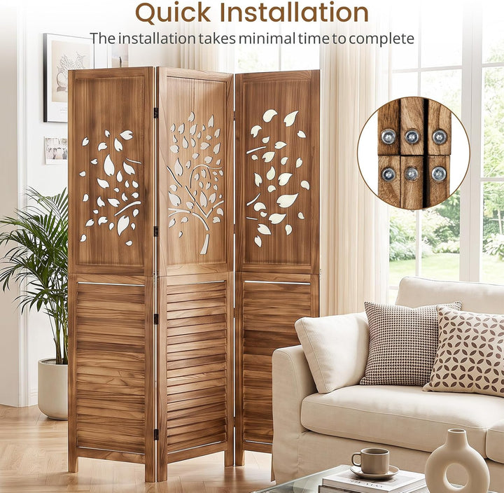 GIANTEX 3 Panel Folding Room Divider with Tree Leaf Cutout &amp; Louvered Slats | 67" Freestanding Wood Privacy Screen