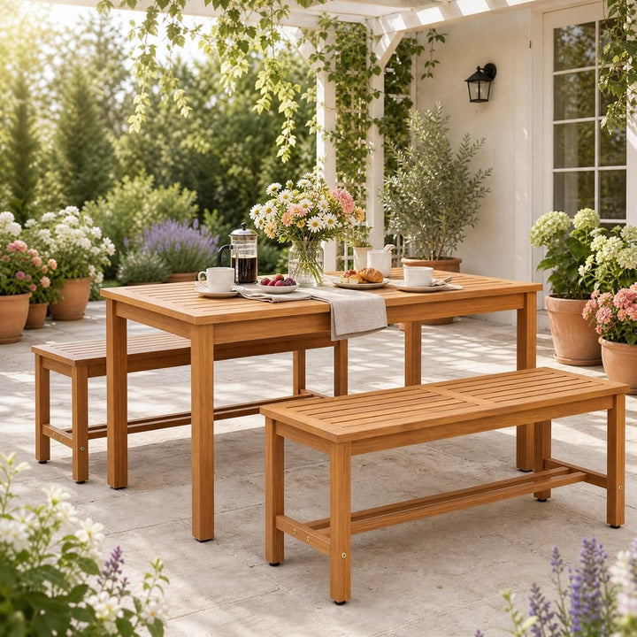 Giantex Outdoor Wooden Bench 2-Person Patio Bench w/Slatted Seat | Acacia Wood Garden Bench with Adjustable Foot Pads for Porch