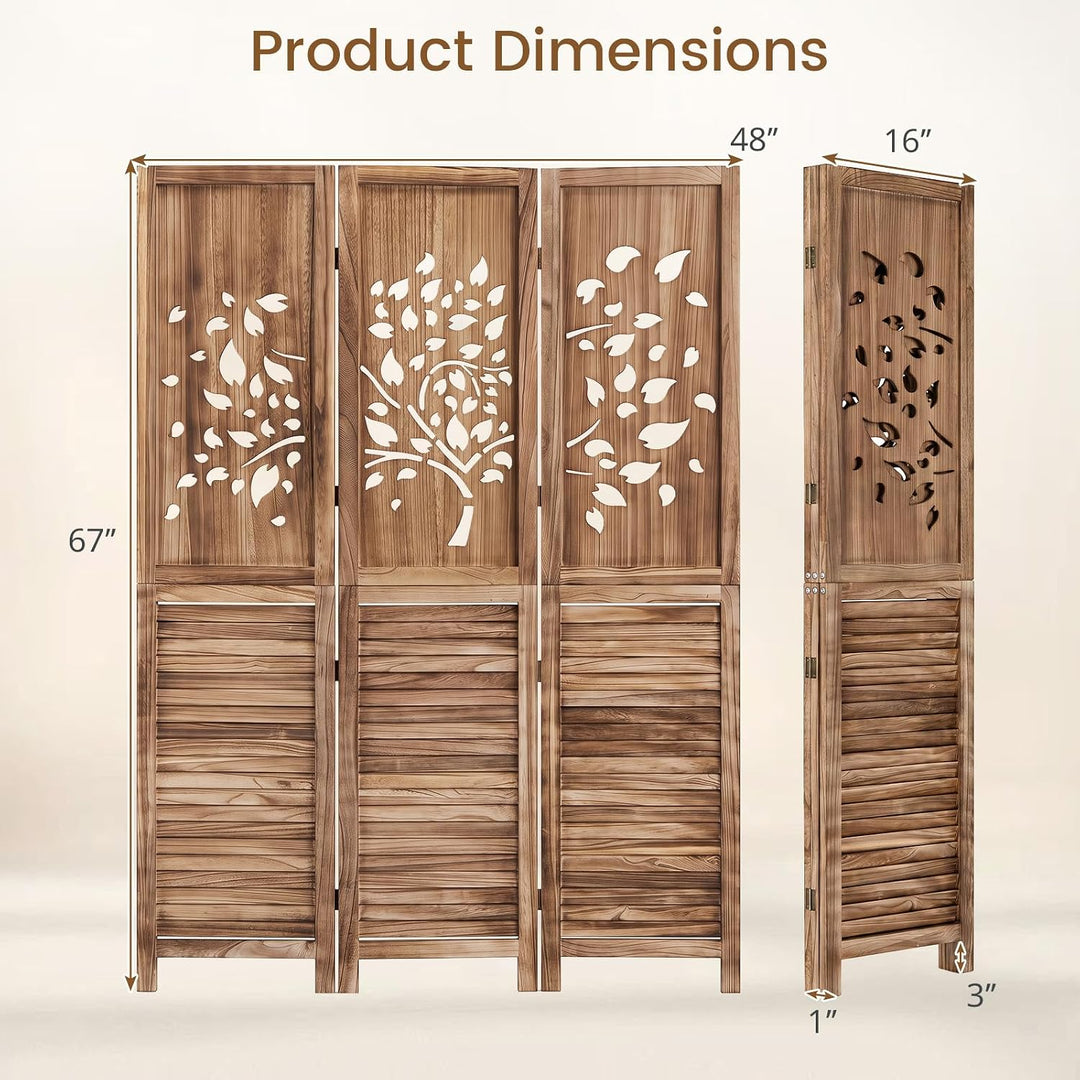 GIANTEX 3 Panel Folding Room Divider with Tree Leaf Cutout &amp; Louvered Slats | 67" Freestanding Wood Privacy Screen