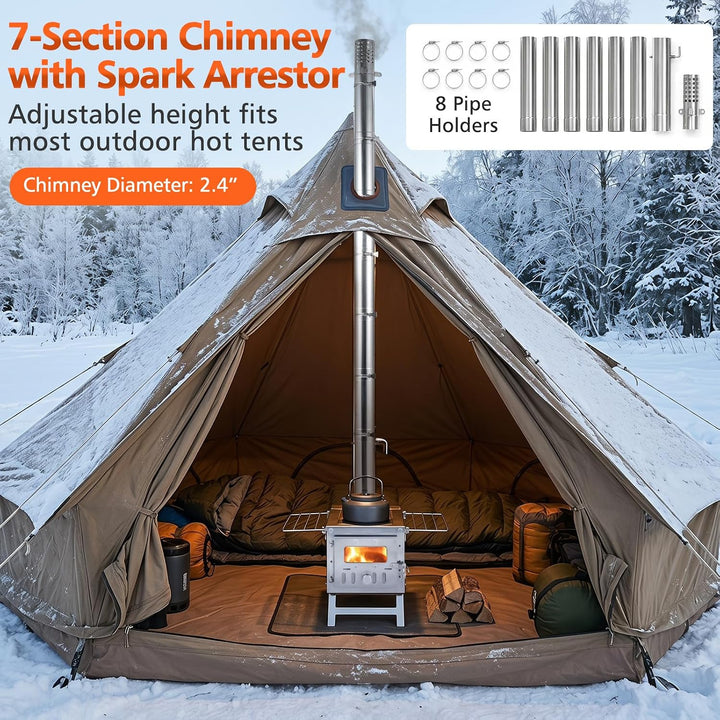 GIANTEX Hot Tent Stove, Portable Wood Burning Stove with 7 Chimney Pipes | 7.2 ft Stainless Steel Camping Wood Stove w/ Spark Arrestor