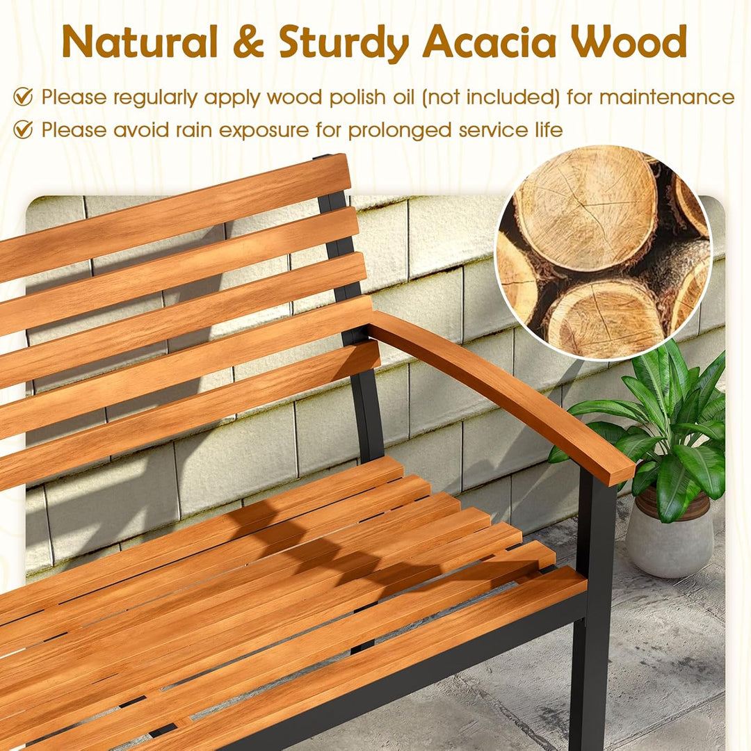 Outdoor Bench, Acacia Wood Patio Loveseat with Slatted Backrest &amp; Seat, Armrests