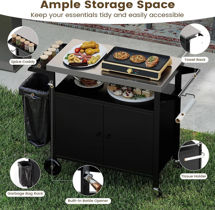 Giantex Outdoor Grill Cart with Stainless Steel Tabletop &amp; Storage Cabinet | BBQ Prep Station with Shelves