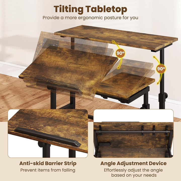 GIANTEX Mobile Standing Desk, Adjustable Rolling Computer Desk (Brown) | Tilting Desktop &amp; Storage Shelves