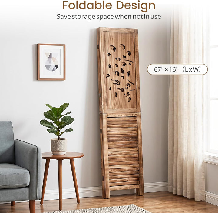 GIANTEX 3 Panel Folding Room Divider with Tree Leaf Cutout &amp; Louvered Slats | 67" Freestanding Wood Privacy Screen