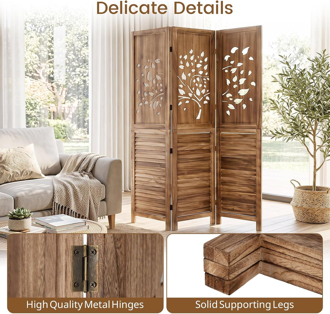 GIANTEX 3 Panel Folding Room Divider with Tree Leaf Cutout &amp; Louvered Slats | 67" Freestanding Wood Privacy Screen