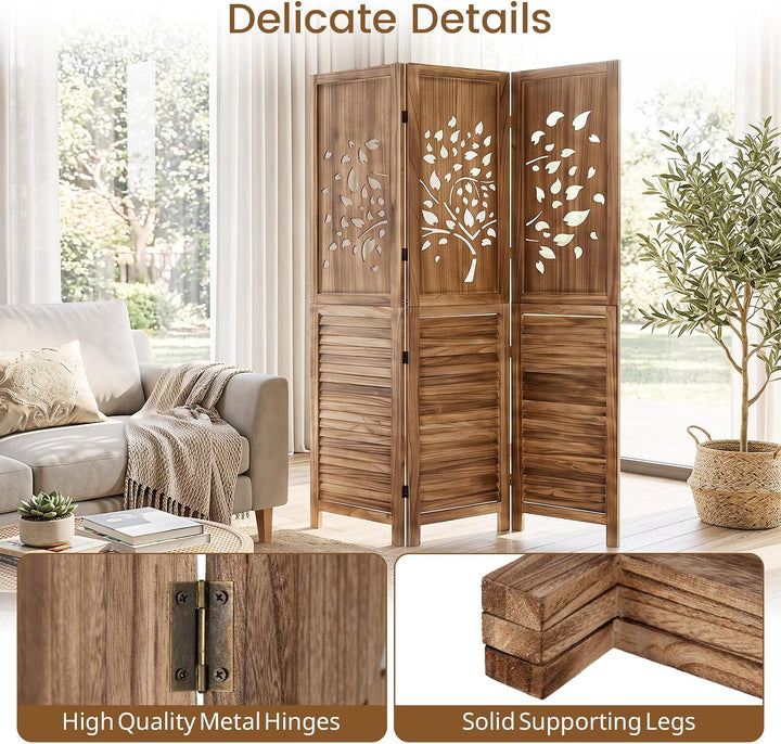 GIANTEX 3 Panel Folding Room Divider with Tree Leaf Cutout &amp; Louvered Slats | 67" Freestanding Wood Privacy Screen