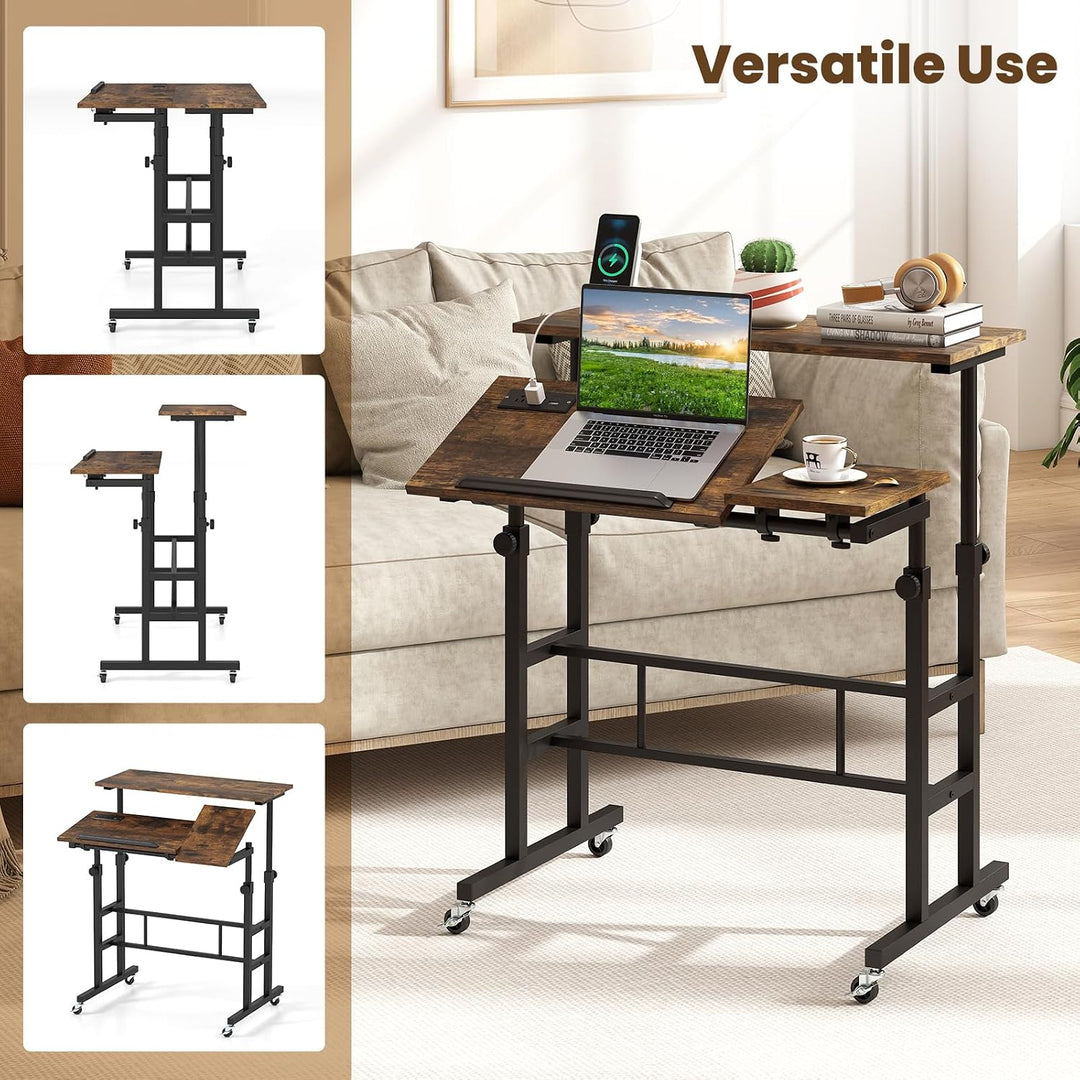 GIANTEX Mobile Standing Desk, Adjustable Rolling Computer Desk (Brown) | Tilting Desktop &amp; Storage Shelves