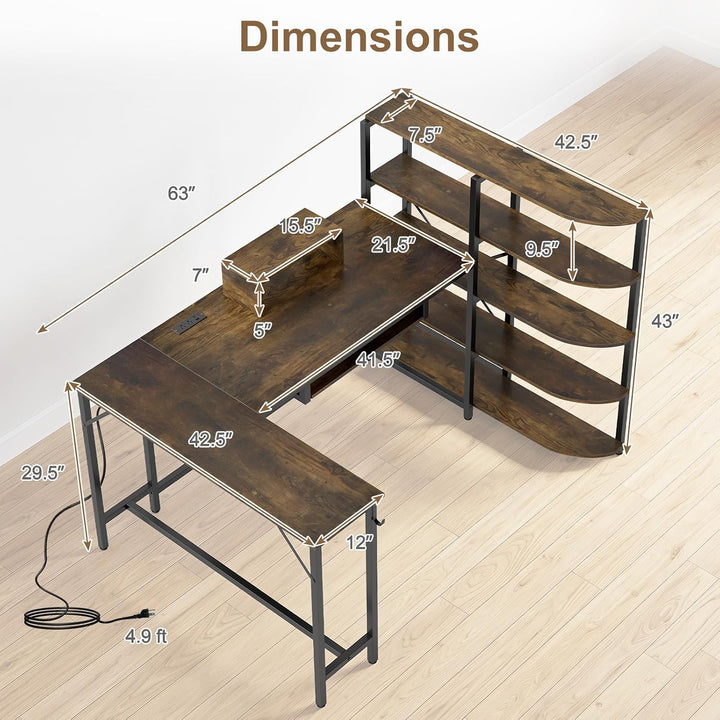 GIANTEX 63" U-Shaped Computer Desk with 5-Tier Bookshelf | Large Office Desk with Power Outlets