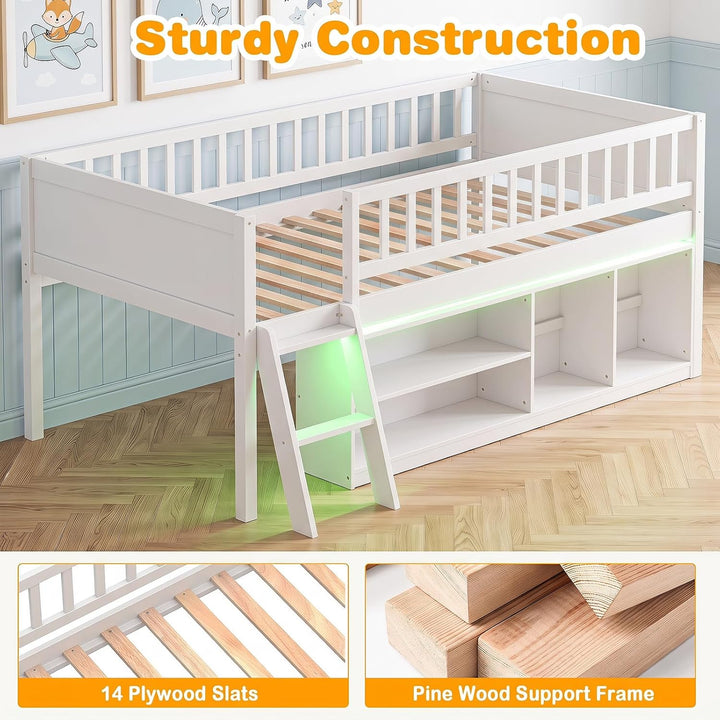 GIANTEX Low Loft Bed Twin Size with LED Lights
