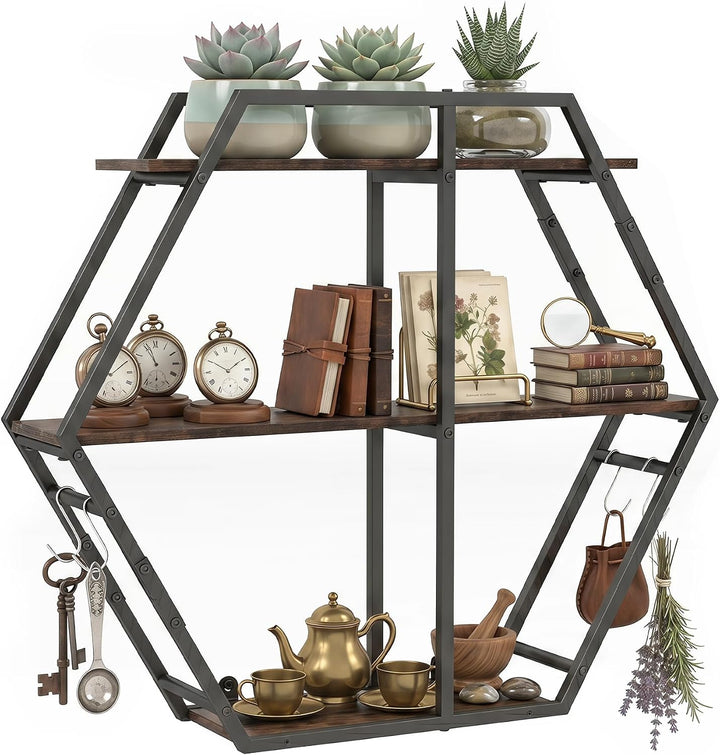 GIANTEX Industrial Hexagon Wall Shelf with 3-Tier Storage Shelves &amp; 4 Hooks | Decorative Wall Display Rack Unit with Metal Frame