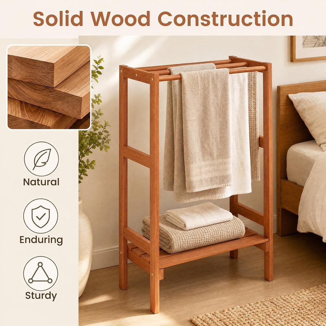 GIANTEX 3-Bar Wood Towel Rack Freestanding with Bottom Storage Shelf | Wooden Towel Drying Stand