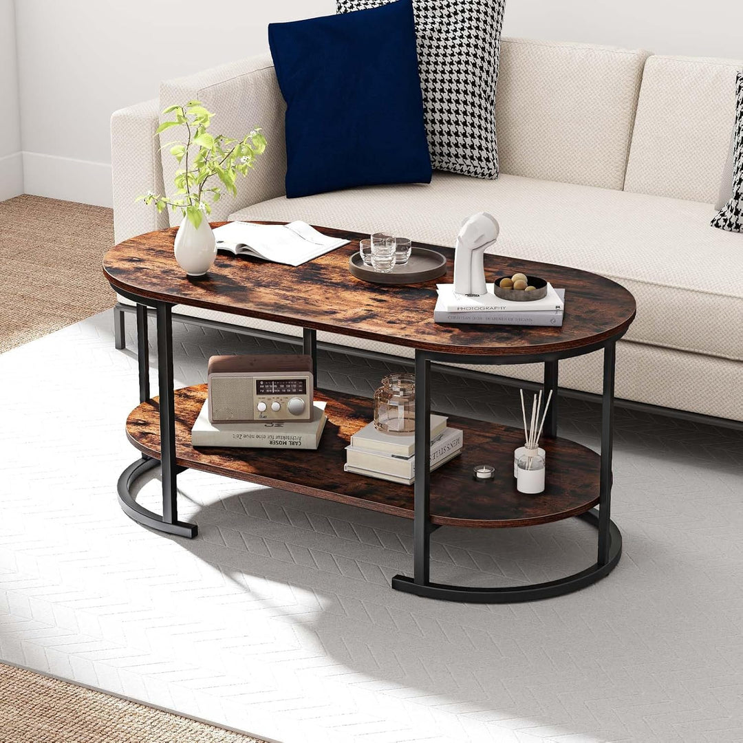 Giantex 2-Tier Coffee Table Oval Center Table with Wood Grain Top &amp; Open Storage Shelf