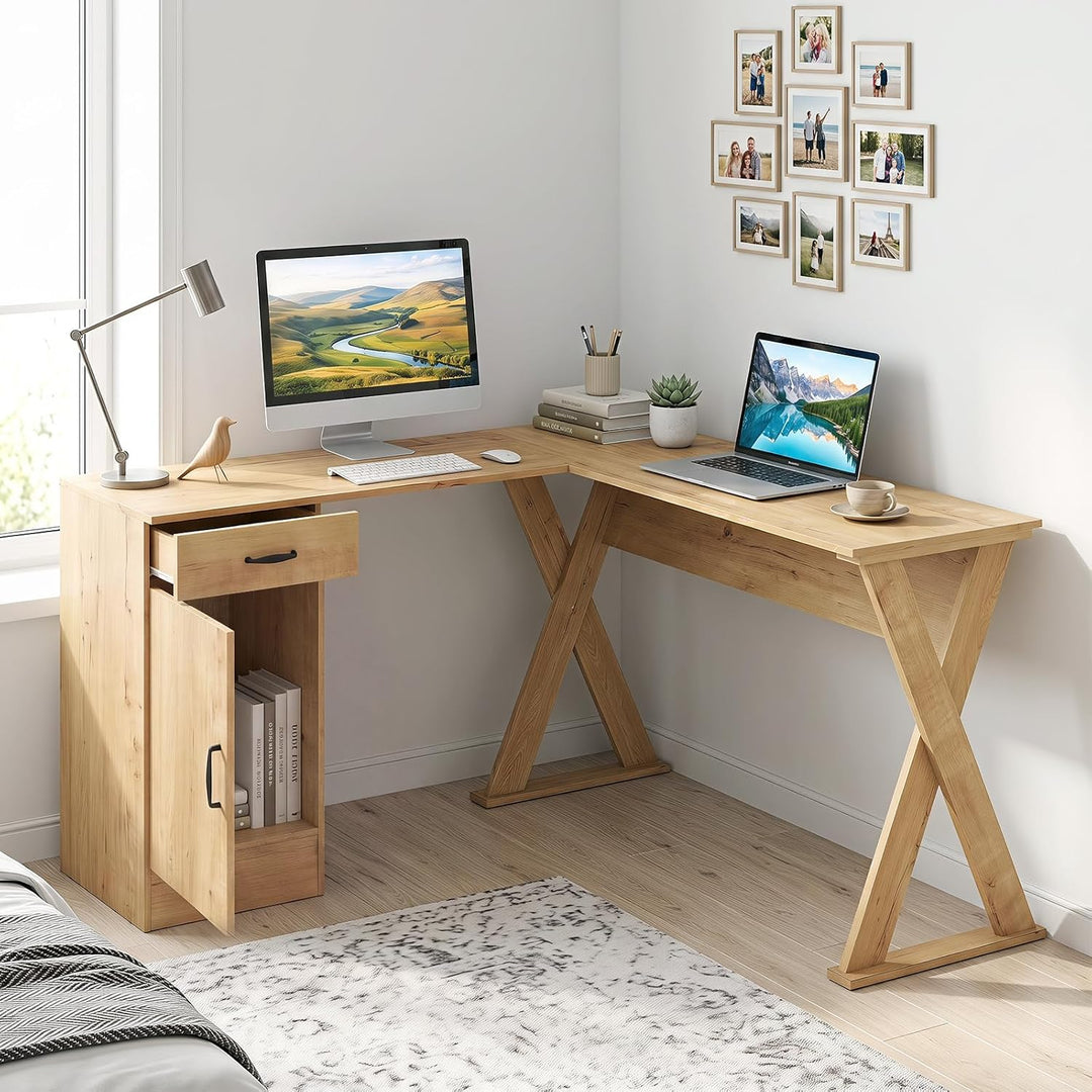 GIANTEX L-Shaped Computer Desk with Reversible Drawer &amp; Cabinet | Home Office Desk with X-shaped Structure