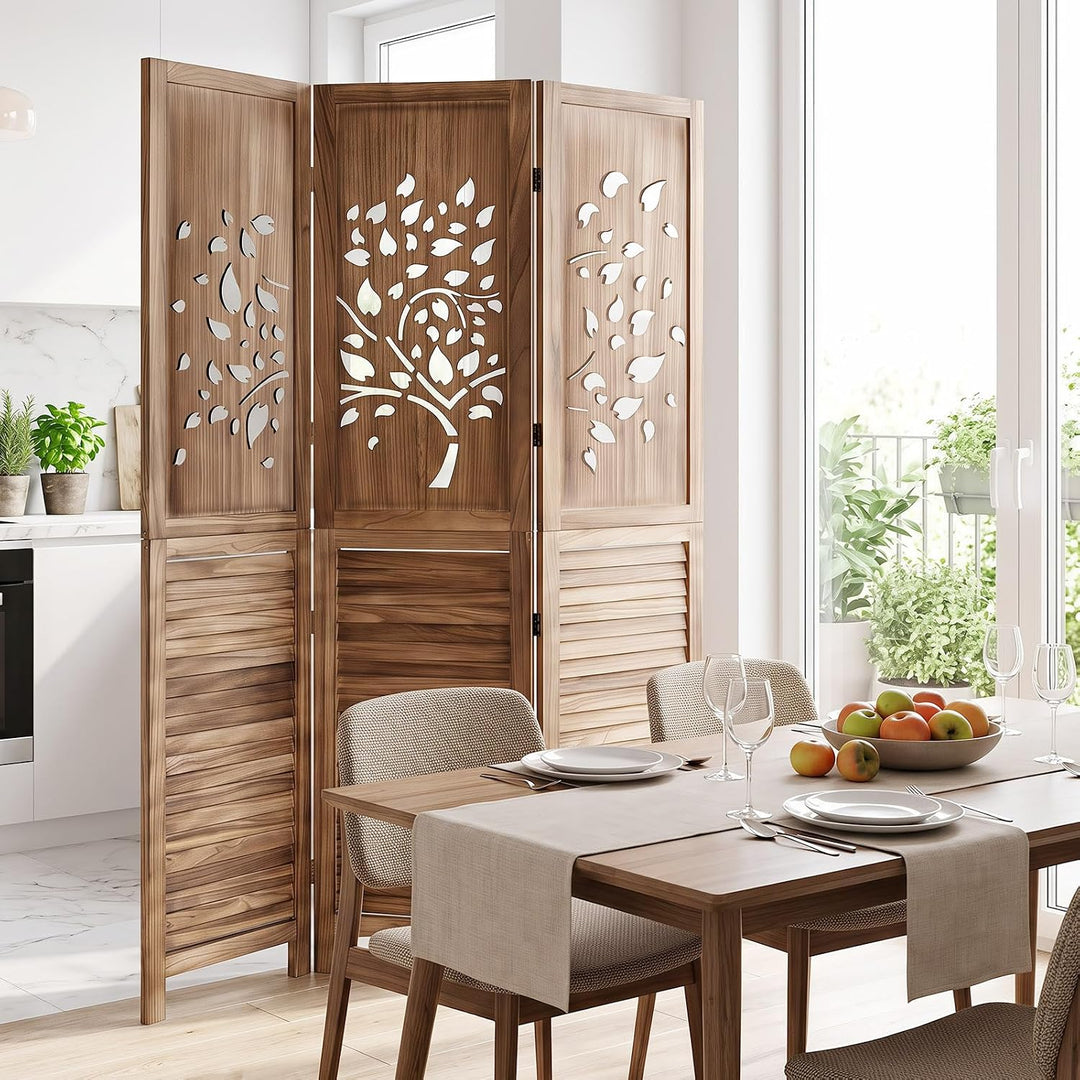 GIANTEX 3 Panel Folding Room Divider with Tree Leaf Cutout &amp; Louvered Slats | 67" Freestanding Wood Privacy Screen