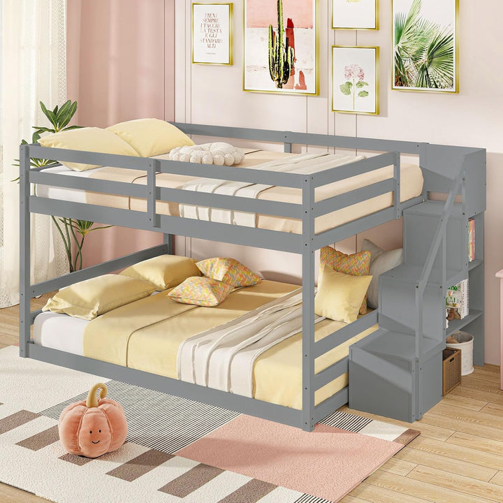 Giantex Bunk Bed with Stairs, Solid Wood Floor Bunk Bed with Storage Staircase &amp; Full-Length Guardrails