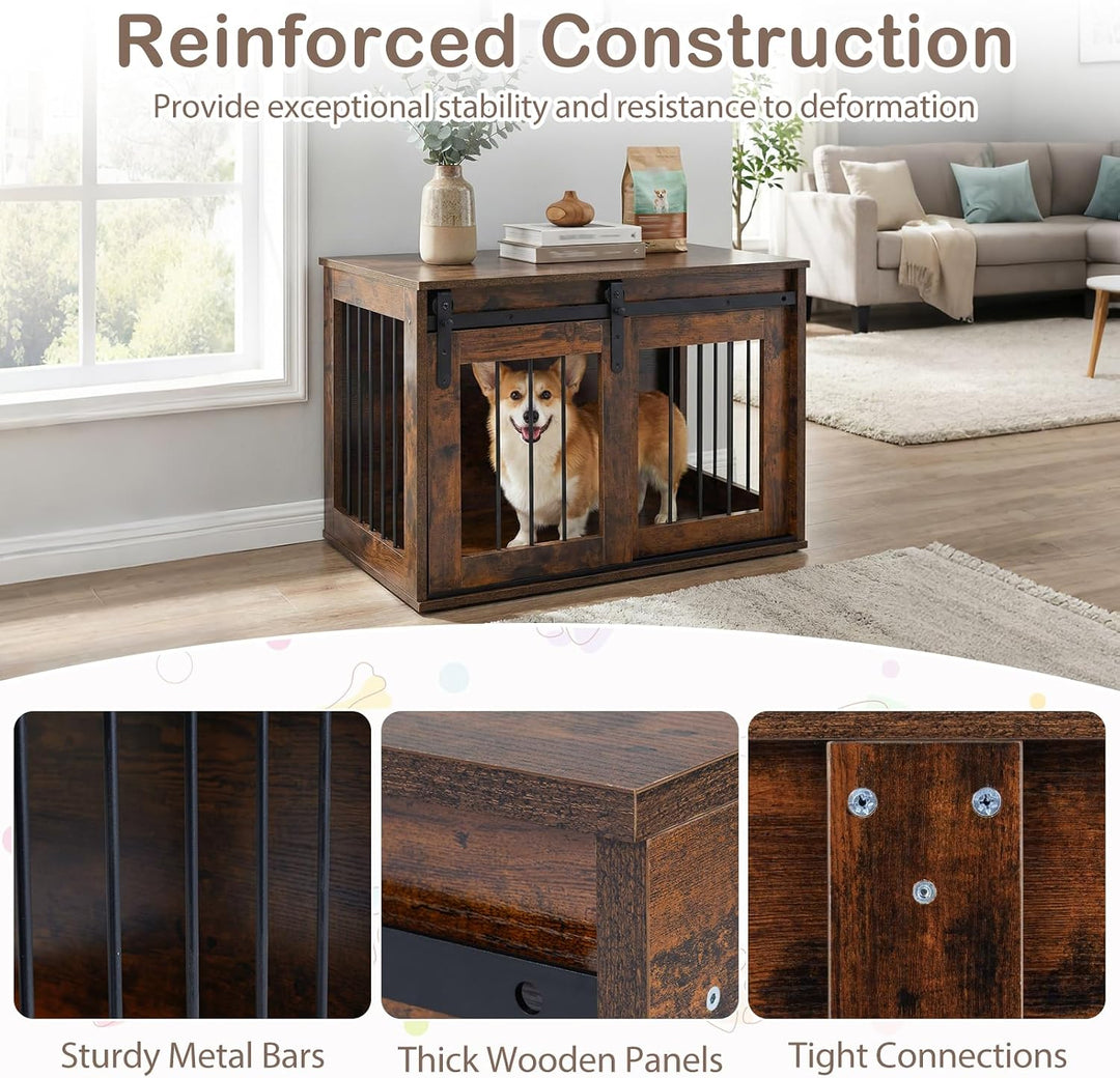 GIANTEX 31.5" Dog Crate Furniture with Sliding Barn Door, Wooden Dog Kennel | Heavy Duty Wood Pet Cage End Side Table
