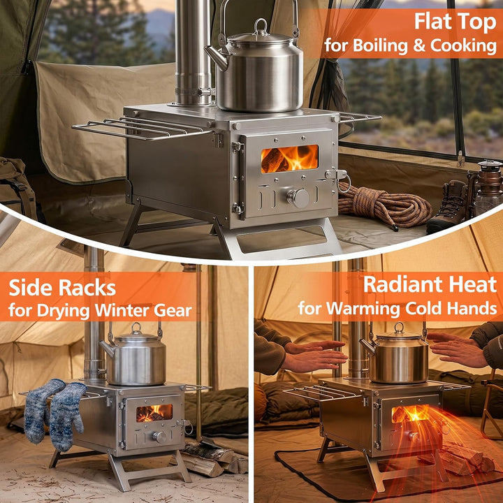 GIANTEX Hot Tent Stove, Portable Wood Burning Stove with 7 Chimney Pipes | 7.2 ft Stainless Steel Camping Wood Stove w/ Spark Arrestor