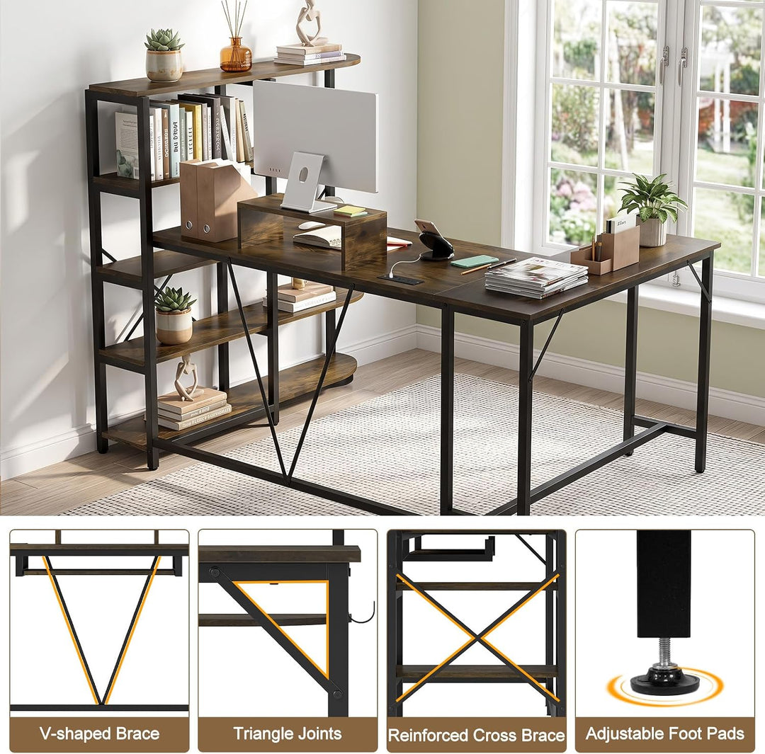 GIANTEX 63" U-Shaped Computer Desk with 5-Tier Bookshelf | Large Office Desk with Power Outlets
