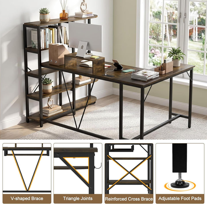 GIANTEX 63" U-Shaped Computer Desk with 5-Tier Bookshelf | Large Office Desk with Power Outlets