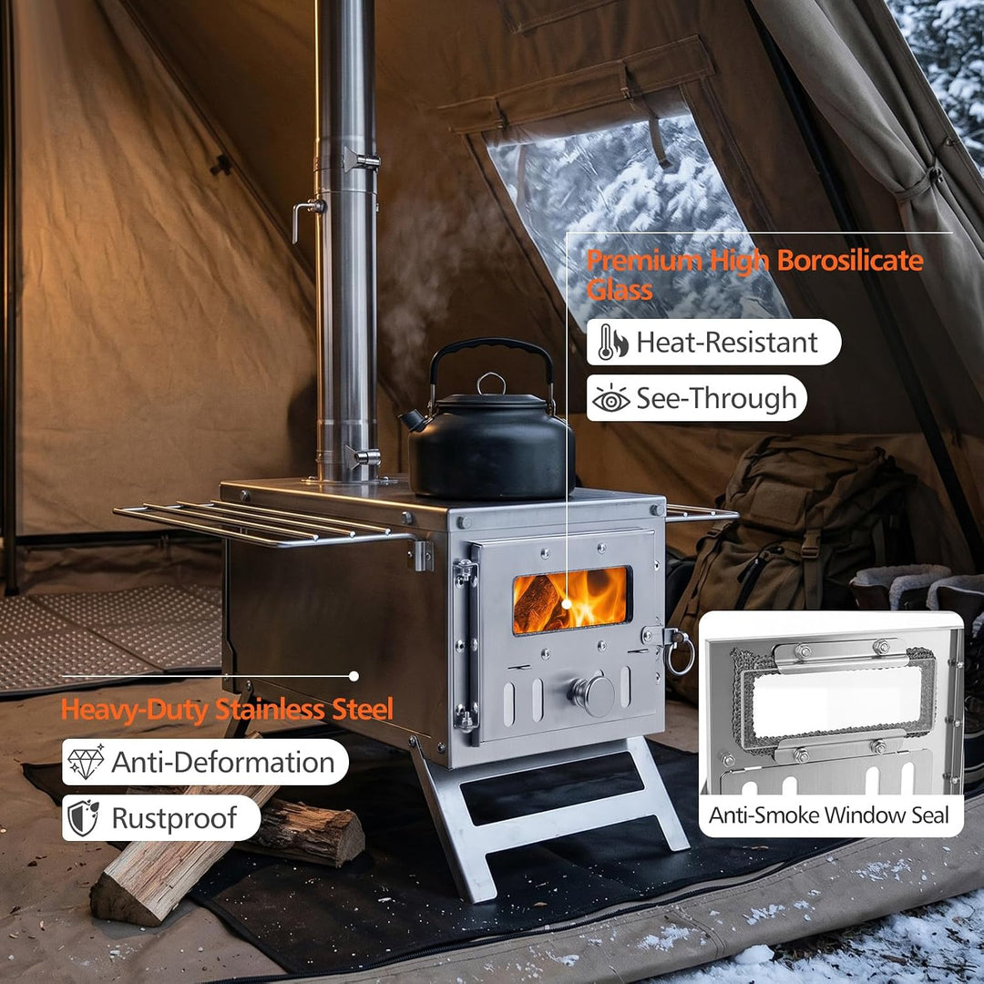 GIANTEX Hot Tent Stove, Portable Wood Burning Stove with 7 Chimney Pipes | 7.2 ft Stainless Steel Camping Wood Stove w/ Spark Arrestor