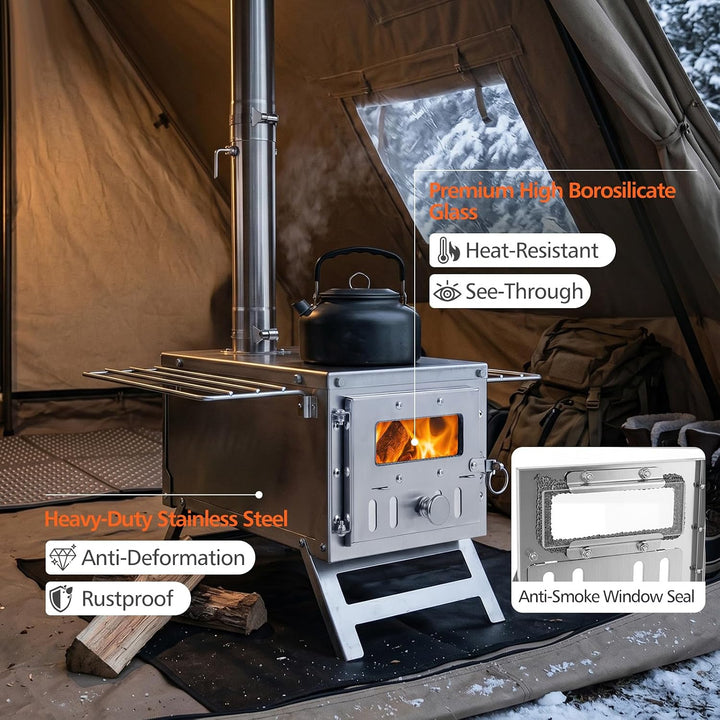 GIANTEX Hot Tent Stove, Portable Wood Burning Stove with 7 Chimney Pipes | 7.2 ft Stainless Steel Camping Wood Stove w/ Spark Arrestor