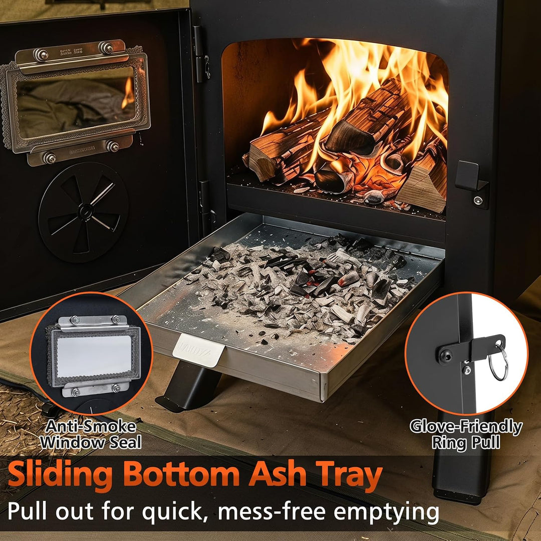 GIANTEX Hot Tent Stove, 8.4 ft Wood Burning Stove with Ash Tray | Portable Camping Wood Stove with 8 Chimney Pipes &amp; Spark Arrestor