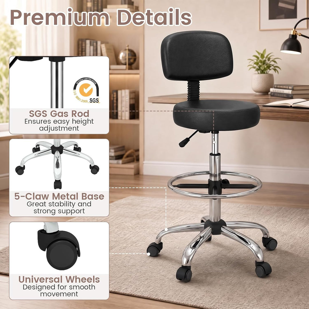 GIANTEX Drafting Chair with Back, Adjustable Foot Rolling Stool with Wheels | PVC Leather Tall Office Chair w/ Thickened Cushion