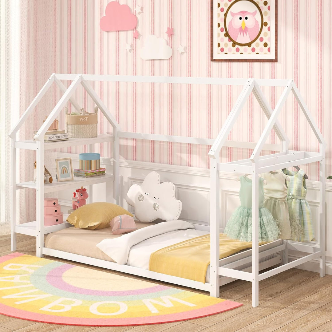 Giantex Twin Floor Bed, Wood Montessori Floor Bed with Detachable 3 Tier Storage Bookshelf &amp; Clothes Rack