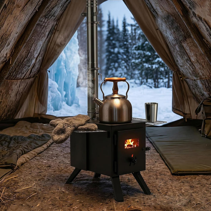GIANTEX Hot Tent Stove, 8.4 ft Wood Burning Stove with Ash Tray | Portable Camping Wood Stove with 8 Chimney Pipes &amp; Spark Arrestor
