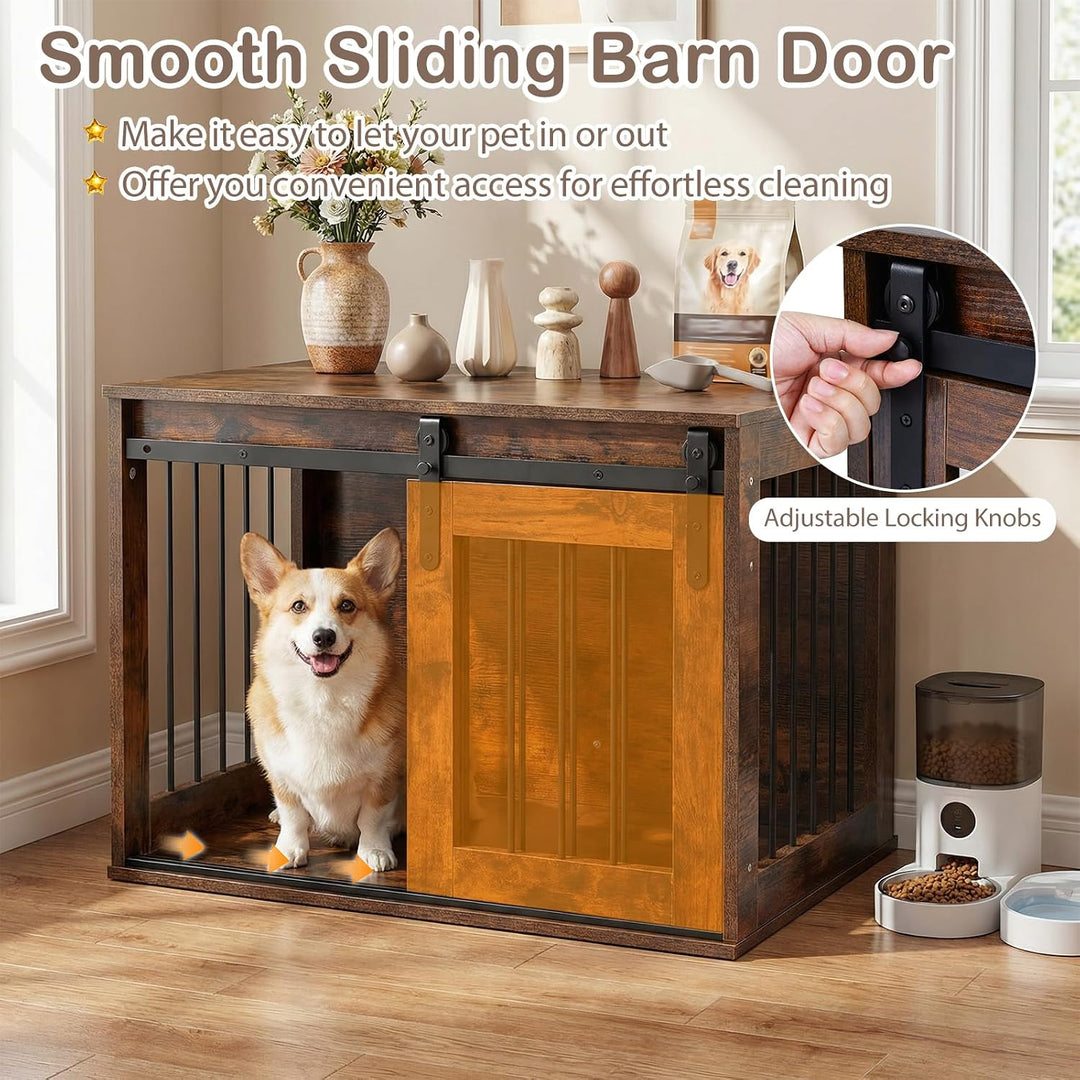 GIANTEX 31.5" Dog Crate Furniture with Sliding Barn Door, Wooden Dog Kennel | Heavy Duty Wood Pet Cage End Side Table