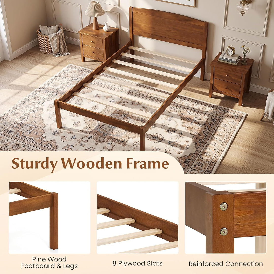 GIANTEX Wooden Bed Frame with Curved Headboard, Wood Slat Support | Farmhouse Platform Bed w/Heavy Duty Mattress Foundation