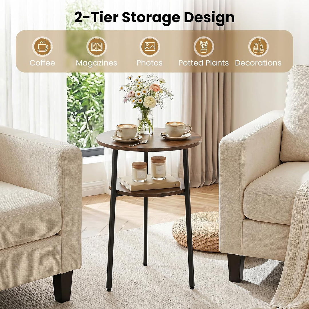 Giantex Round Side Table, 2-Tier End Table w/Metal Frame | Accent Nightstand Bedside Table w/ Storage Shelf for Small Space Sofa Couch Side