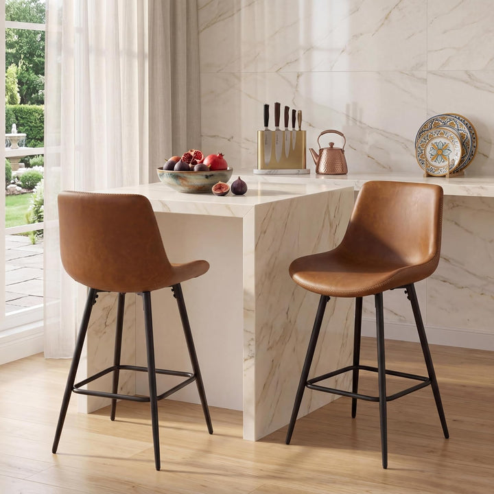 GIANTEX 24 Inch Faux Leather Upholstered Bar Stools Set of 2 | Counter Height Barstool with Backs &amp; Footrests