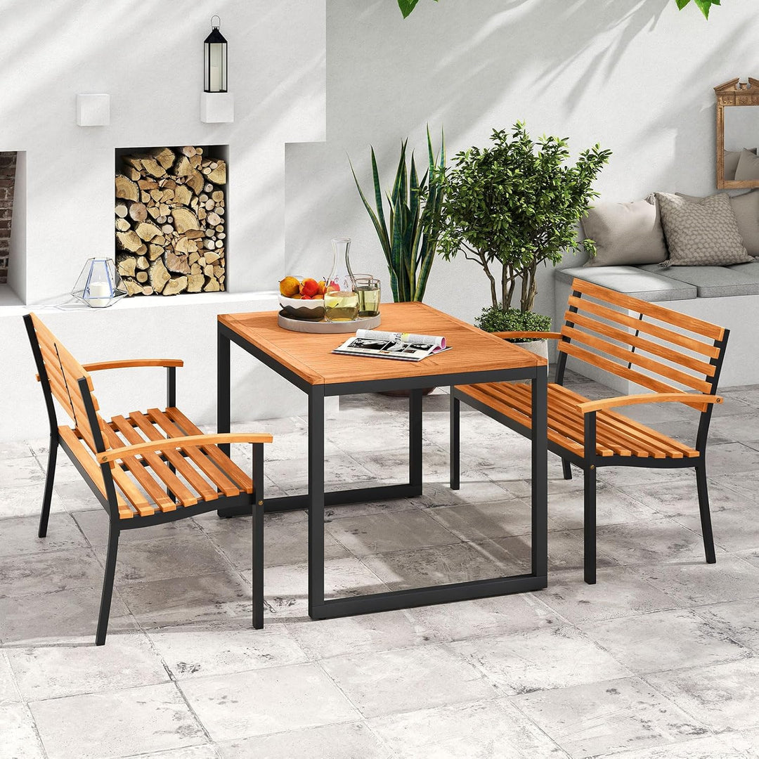 Outdoor Bench, Acacia Wood Patio Loveseat with Slatted Backrest &amp; Seat, Armrests