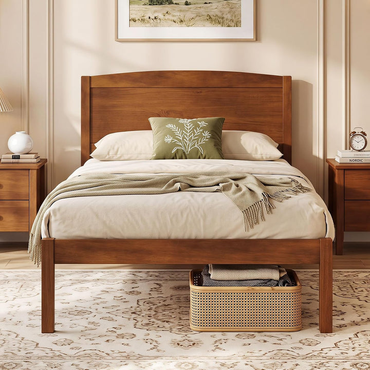 GIANTEX Wooden Bed Frame with Curved Headboard, Wood Slat Support | Farmhouse Platform Bed w/Heavy Duty Mattress Foundation