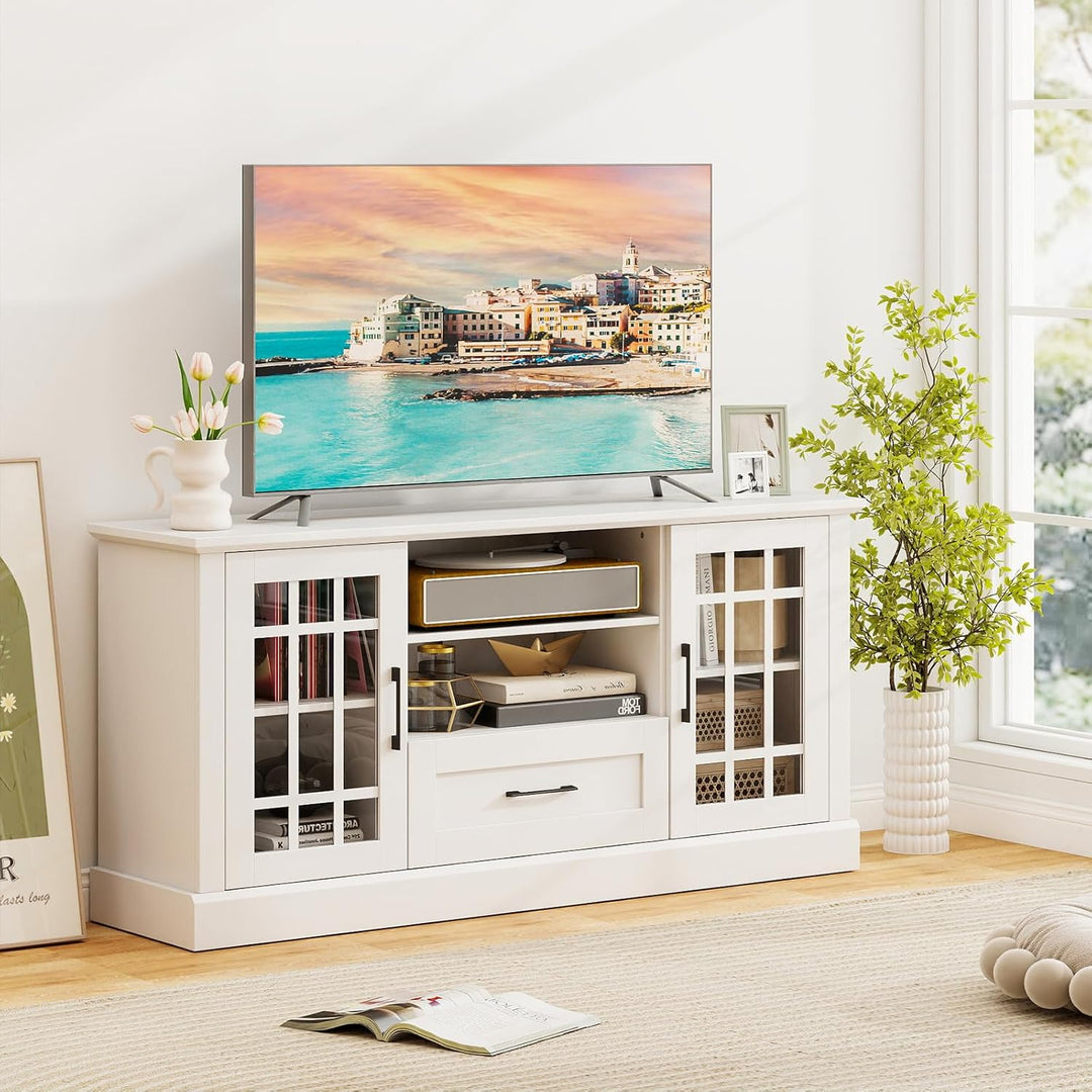 Giantex Farmhouse TV Stand for 65/70 Inch TV with Storage Cabinets &amp; Glass Door