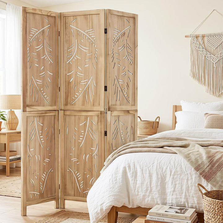 GIANTEX 3 Panel Boho Room Divider with Carved Palm Leaf Pattern