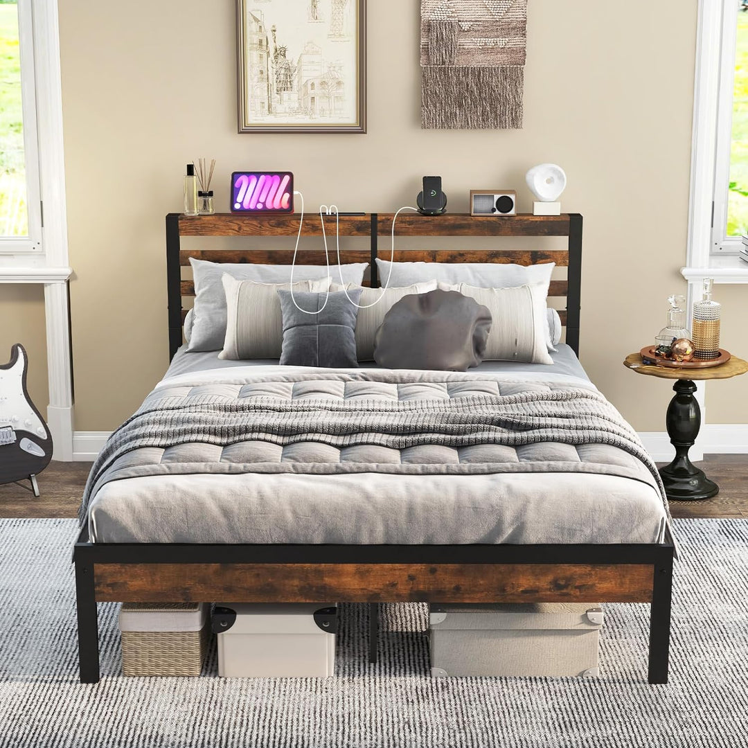 Giantex Queen Metal Platform Bed Frame with Wooden Headboard &amp; Footboard, Rustic Brown
