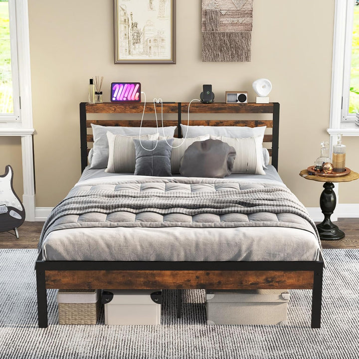 Giantex Queen Metal Platform Bed Frame with Wooden Headboard &amp; Footboard, Rustic Brown
